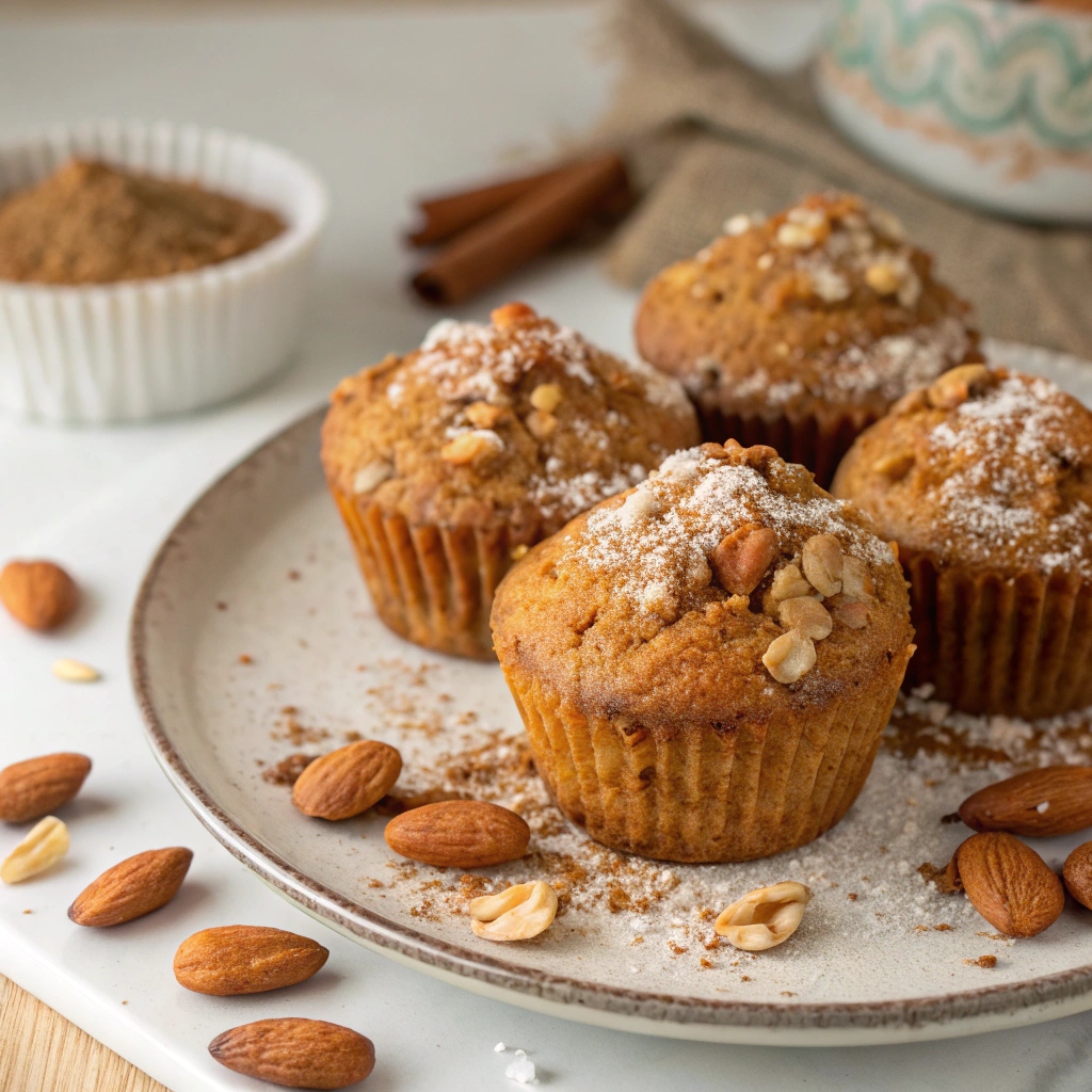Freshly baked Carrot Cake Almond Flour Muffins topped with chopped walnuts and a sprinkle of cinnamon, showcasing a gluten-free, paleo snack.