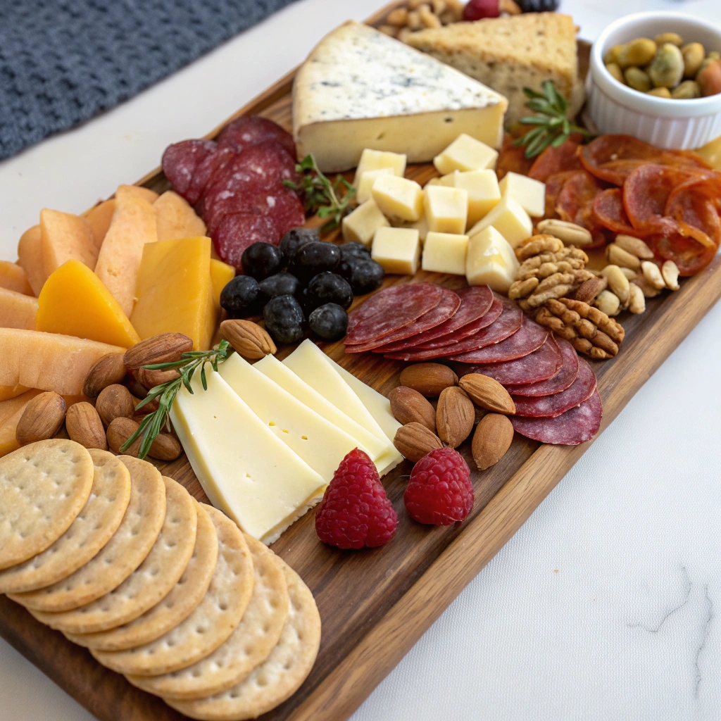 Cheese and charcuterie board with cheeses, meats, nuts, and fruits.easy appetizers