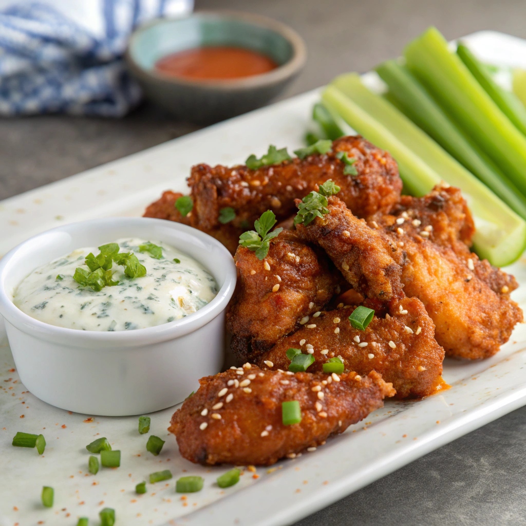 Baked chicken wings coated in sauce with celery sticks and dipping sauce.