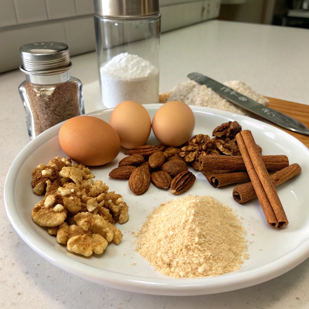 All the ingredients for Cinnamon Walnut Almond Flour Cake, including almond flour, walnuts, eggs, cinnamon, honey, and dried fruits.
