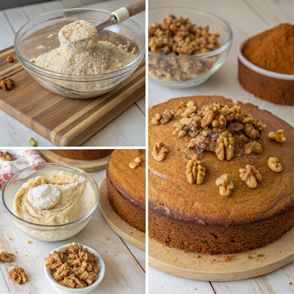 Step-by-step process for making Cinnamon Walnut Almond Flour Cake, including mixing wet and dry ingredients, folding in walnuts, and baking.
