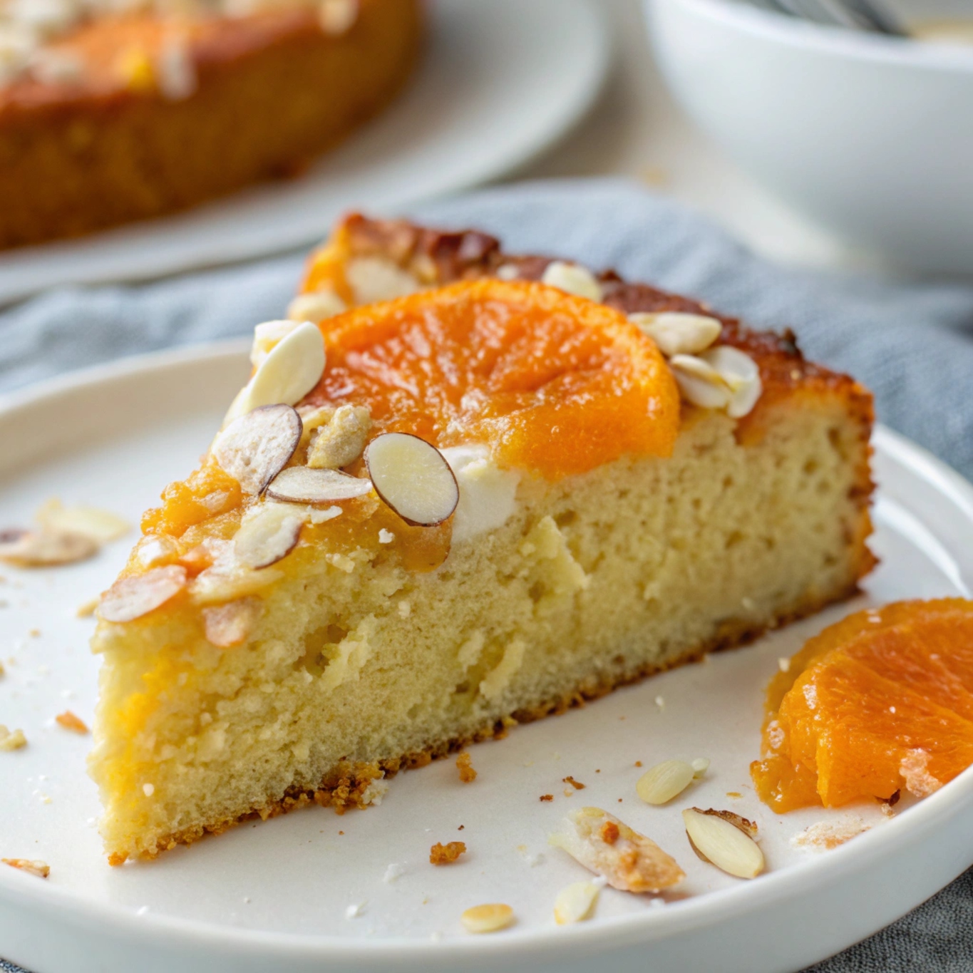 Slice of Flourless Orange Ricotta Almond Cake showing moist interior and vibrant orange zest topping