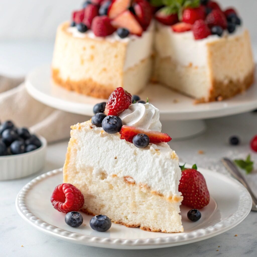 Angel Food Cake Recipe "Slices of angel food cake arranged on a plate, garnished with fresh fruit and whipped cream."