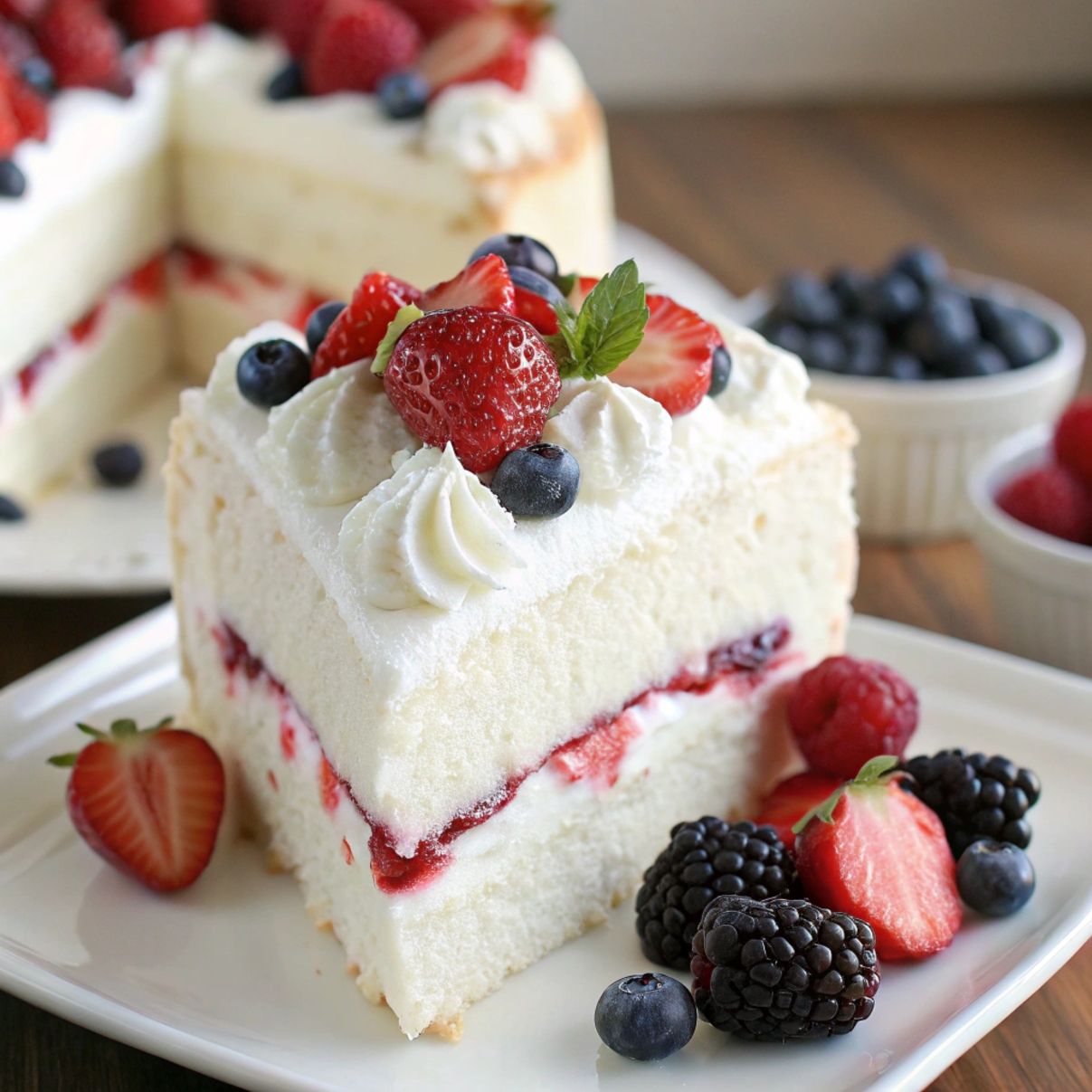 "Close-up of a fluffy Angel Food Cake Recipe  slice topped with berries and whipped cream, showcasing its airy texture."