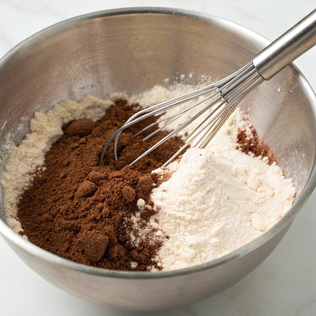 A close-up of a mixing bowl with almond flour, cocoa powder, and baking soda being combined with a metal whisk, the dry ingredients for a Vegan Almond Flour Cocoa Cake.