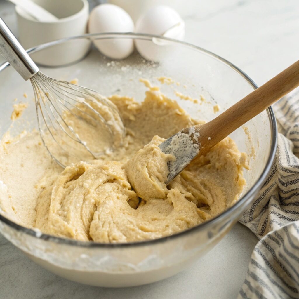 A mixing bowl with wet and dry ingredients being stirred together to form a smooth chocolate batter for a Vegan Almond Flour Cocoa Cake