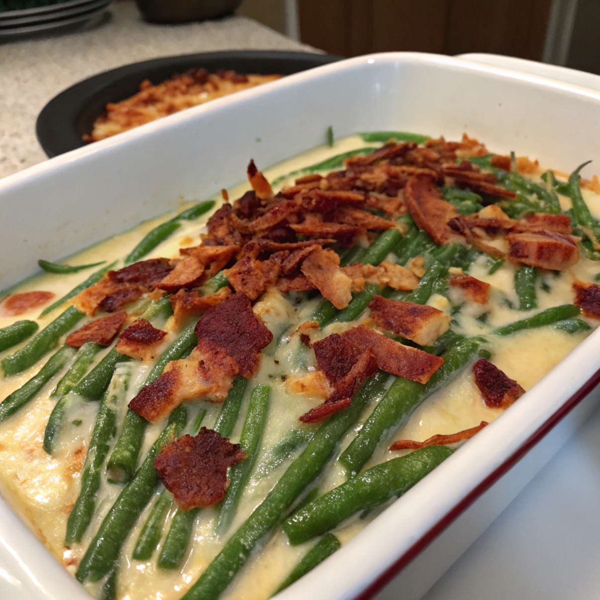 "Freshly baked creamy green bean casserole topped with crispy fried onions, bubbling and golden from the oven"