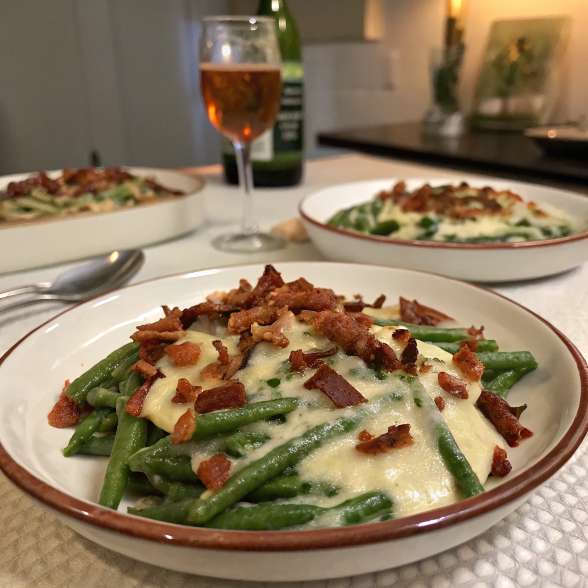 "Two plates of vegan green bean casserole topped with crispy fried onions, served alongside drinks on a table"