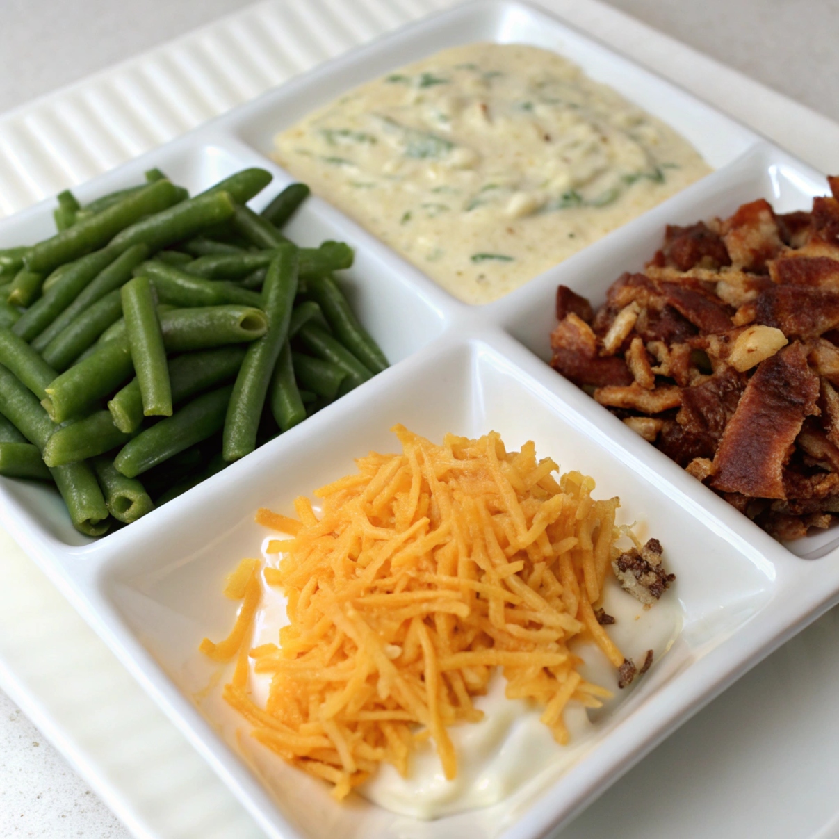 "All ingredients for creamy green bean casserole laid out on a cutting board, including fresh green beans, sliced mushrooms, garlic, shredded Swiss cheese, bacon, and crispy fried onions"