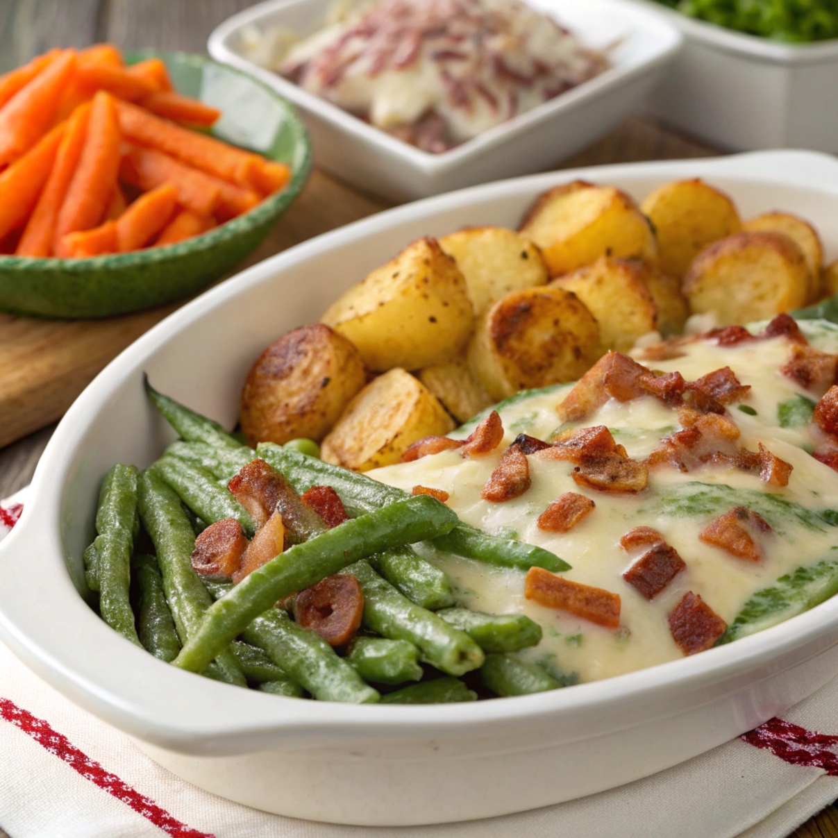 Creamy green bean casserole topped with crispy fried onions, melted Swiss cheese, and bacon bits on a serving dish