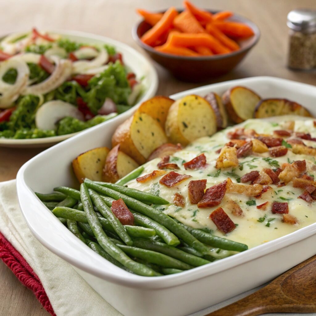 "Served creamy green bean casserole with crispy onions on a plate, accompanied by roasted potatoes"