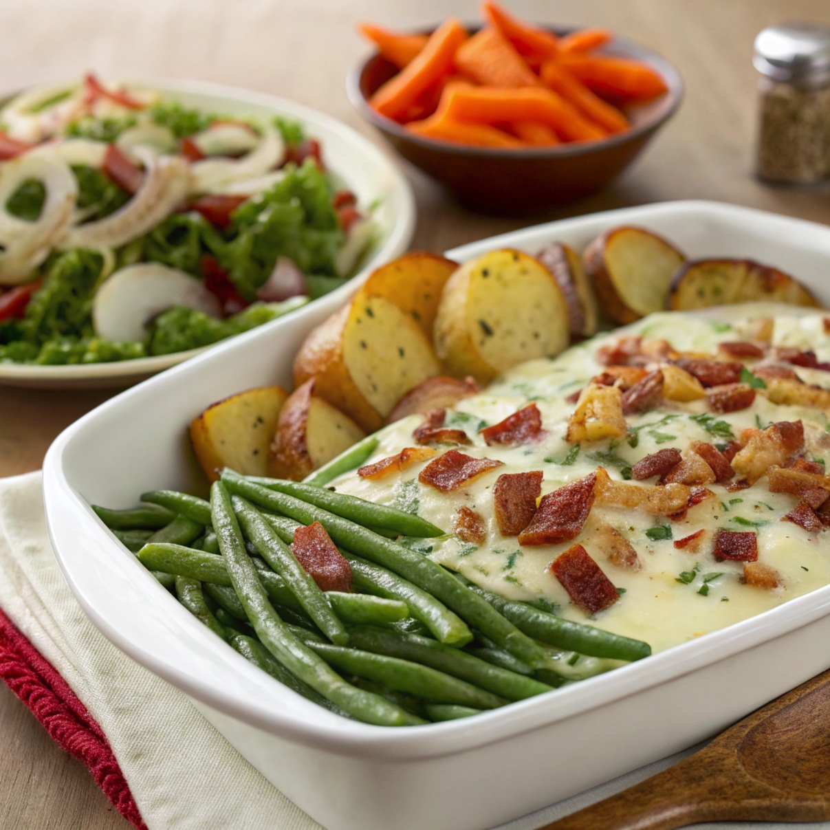 "Served creamy green bean casserole with crispy onions on a plate, accompanied by roasted potatoes"