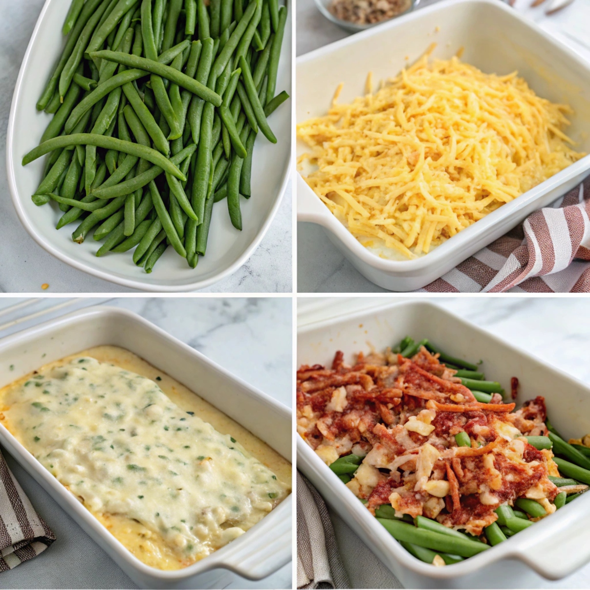 "Green beans being blanched in boiling water for 3-4 minutes as part of preparing the green bean casserole"