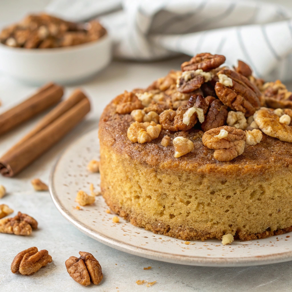 Enjoying a slice of Cinnamon Walnut Almond Flour Cake along with a cup of herbal tea, highlighting a wholesome, paleo-friendly snack.
