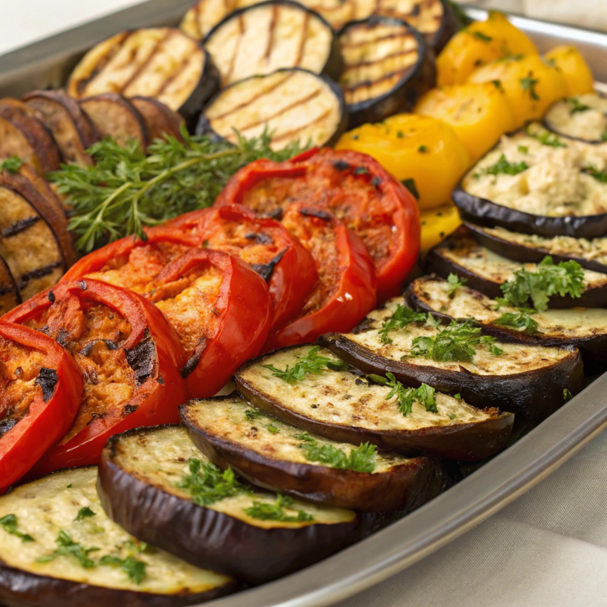 A colorful platter featuring various eggplant dishes from different cuisines, including grilled, roasted, and stuffed eggplants