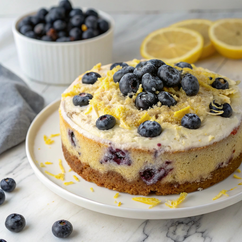 Delicious Lemon Blueberry Almond Flour Cake topped with fresh blueberries and lemon zest, highlighting a healthy, gluten-free dessert