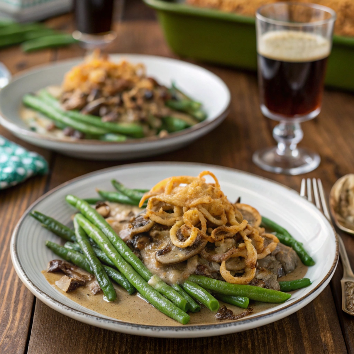 "Two plates of vegan green bean casserole topped with crispy fried onions, served with drinks"