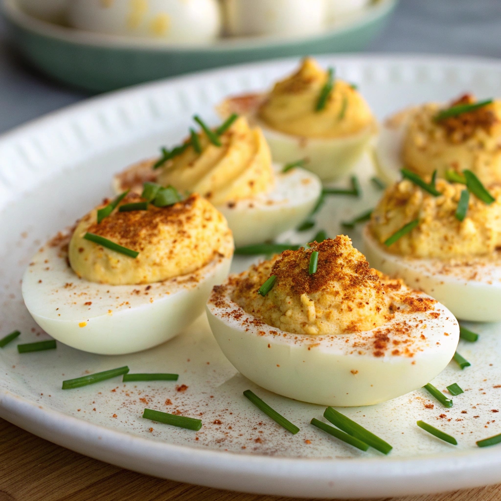 Deviled eggs garnished with paprika and chopped herbs.easy appetizers