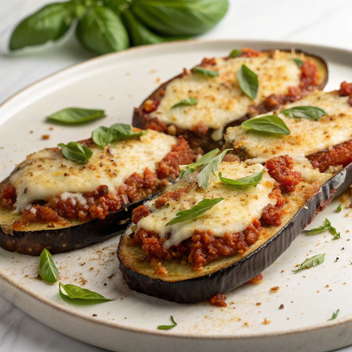 Plated Eggplant Parmesan with layers of eggplant, cheese, and tomato sauce, garnished with fresh basil