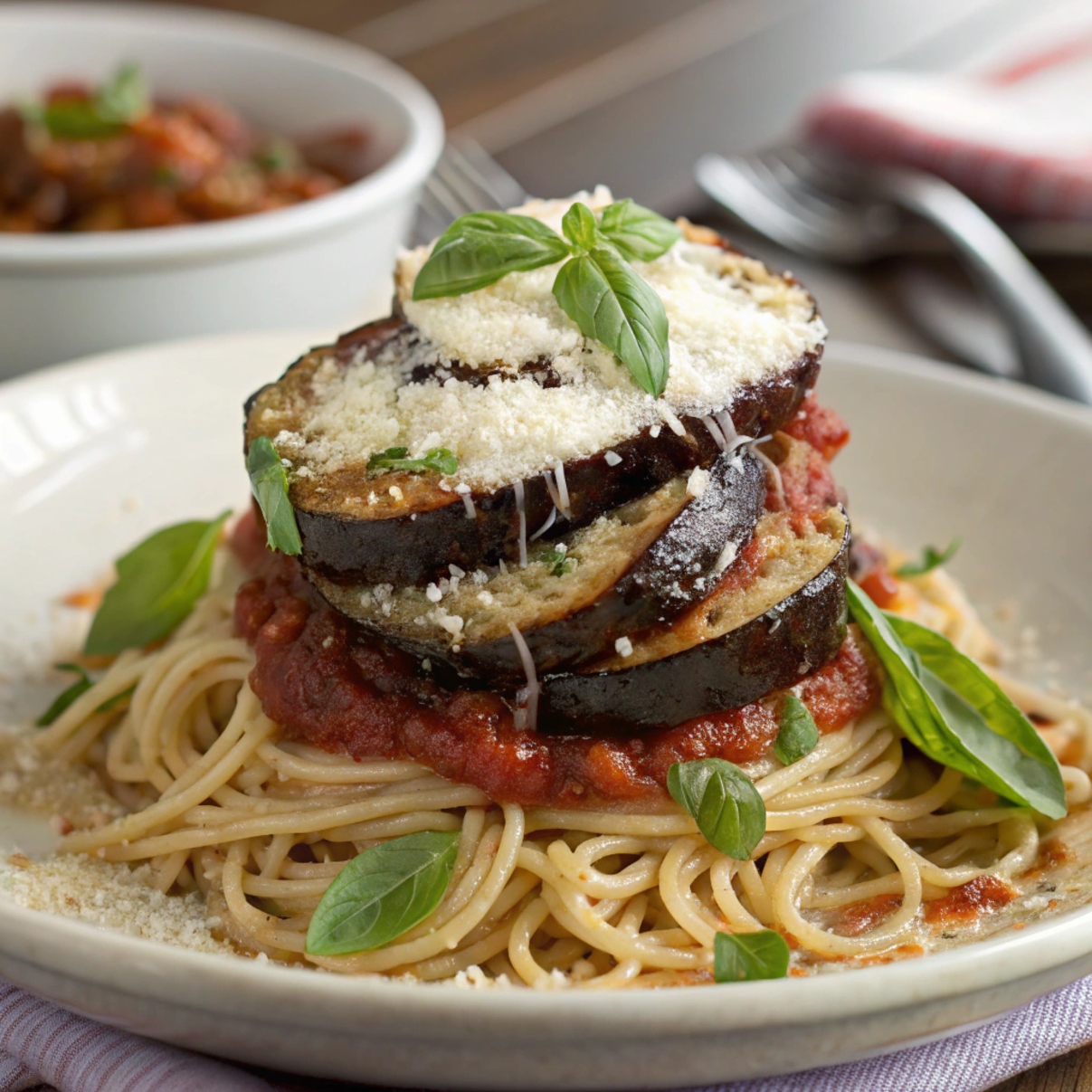 Slice of Eggplant Parmesan on a plate garnished with basil and olive oil with pasta 