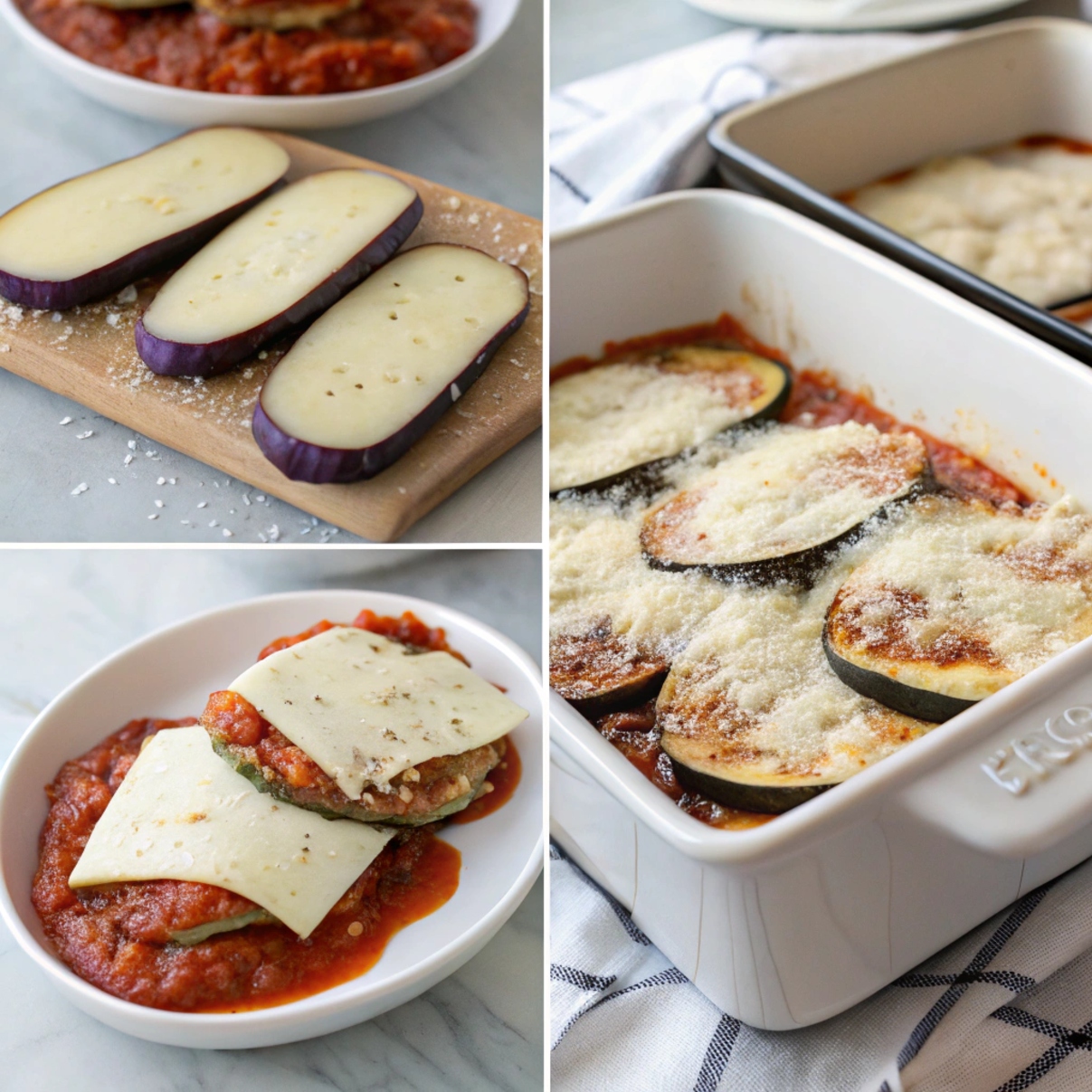 Visual guide showing the steps to prepare Eggplant Parmesan, including slicing, salting, breading, frying, assembling, and baking