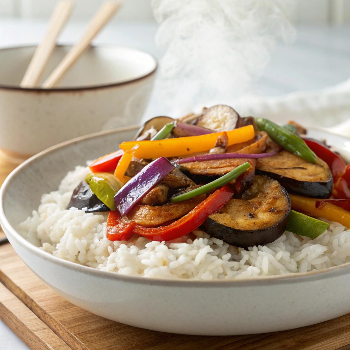 Colorful plate of freshly cooked eggplant stir-fry garnished with green onions and sesame seeds