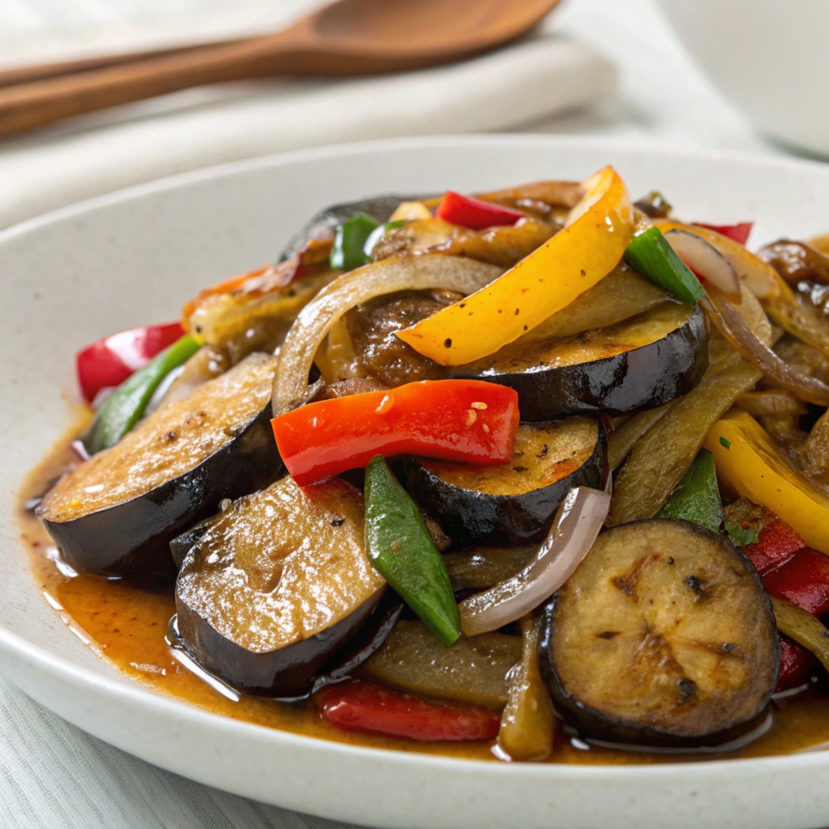 Colorful plate of freshly cooked eggplant stir-fry garnished with green onions and sesame seeds.
