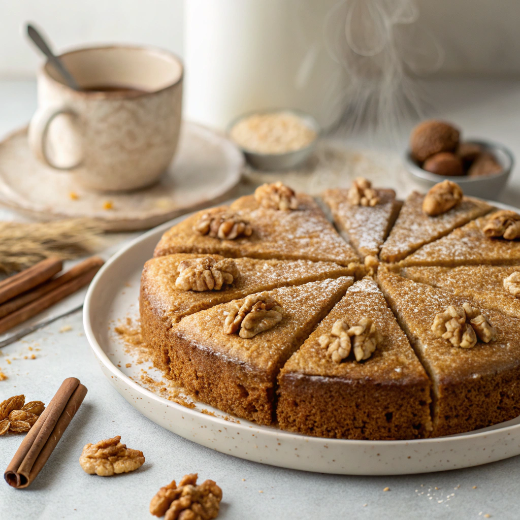 Whole Cinnamon Walnut Almond Flour Cake on a rustic platter with a fork, ready to serve as a healthy, gluten-free, paleo dessert.