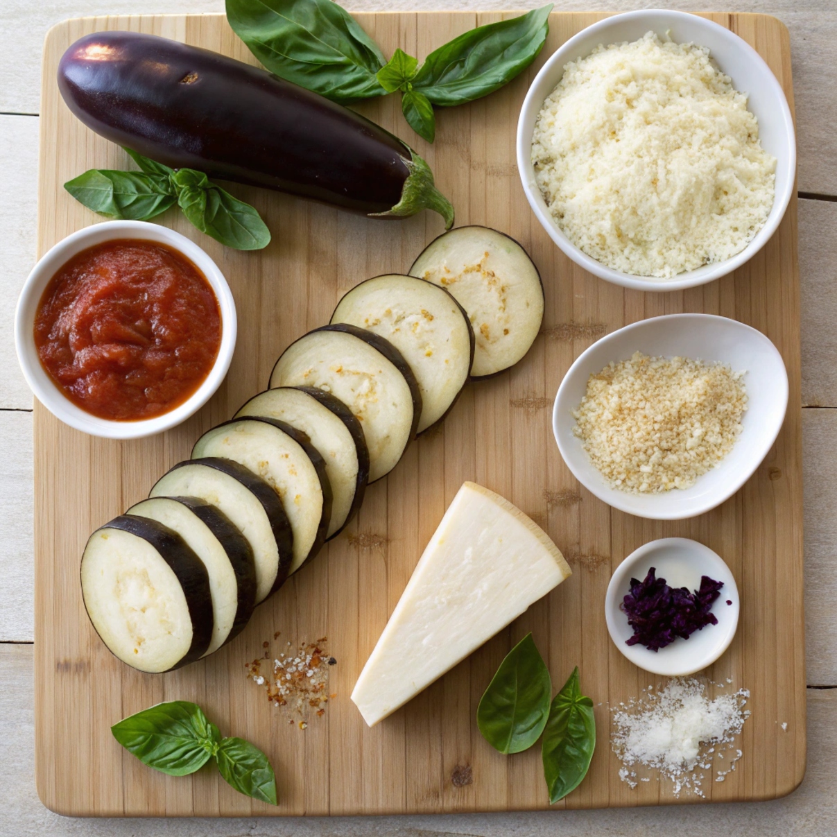 Assorted ingredients for making Eggplant Parmesan, including eggplant, breadcrumbs, cheese, tomato sauce, basil, garlic, and olive oil