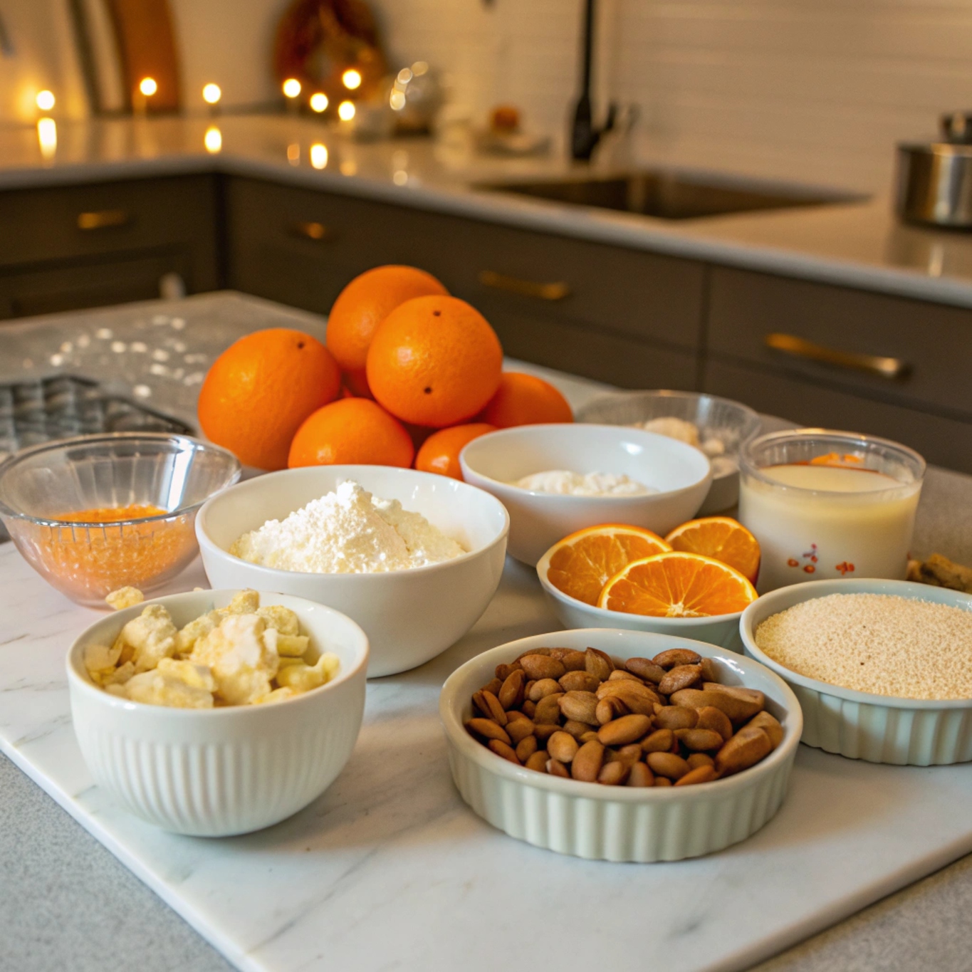 Fresh oranges, ricotta cheese, almond meal, eggs, honey, and orange zest ready for making Flourless Orange Ricotta Almond Cake