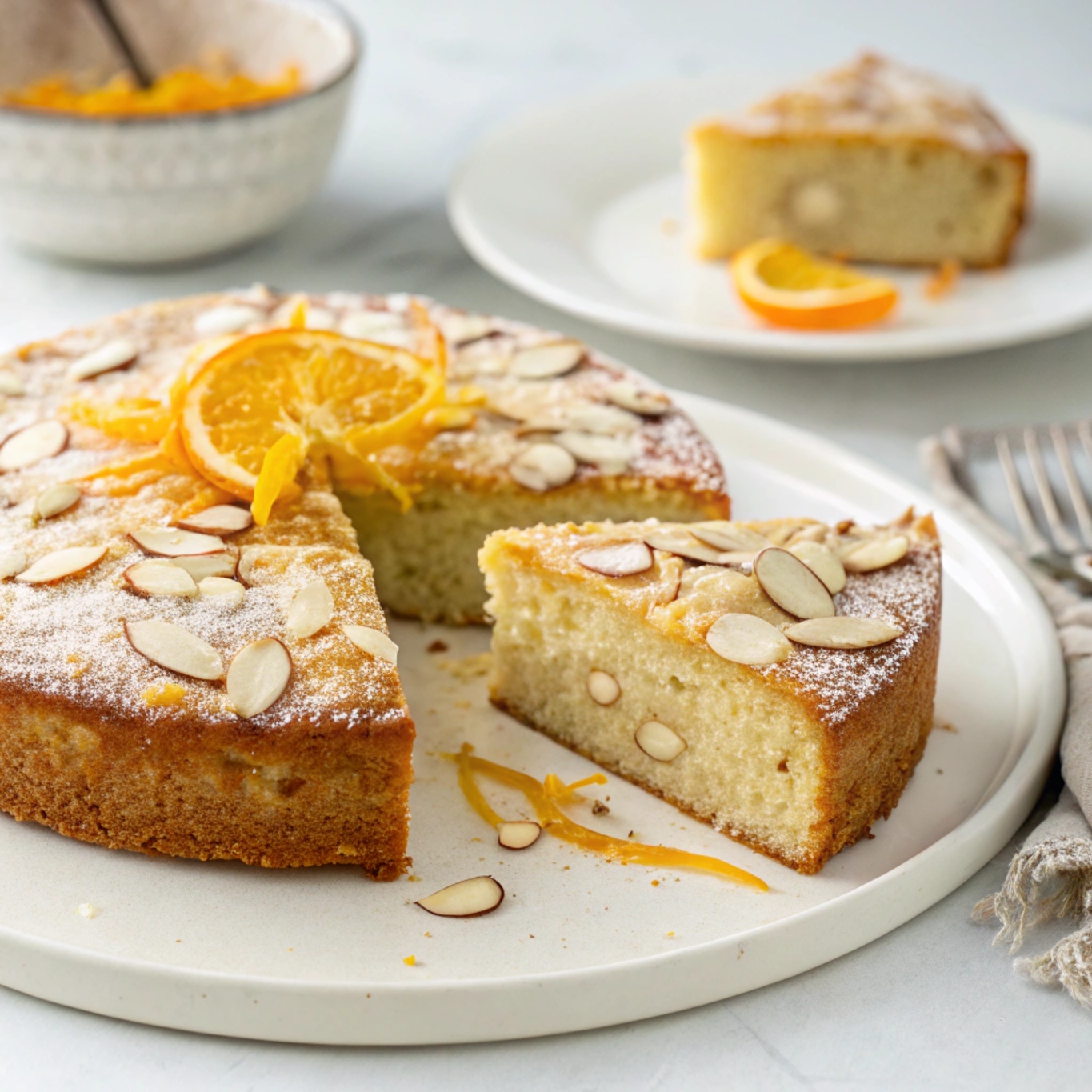 Whole Flourless Orange Ricotta Almond Cake garnished with orange zest and sliced for serving