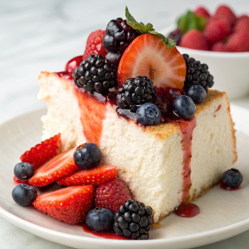 "Decorated angel food cake recipe topped with berries, mint leaves, and a dusting of powdered sugar."
