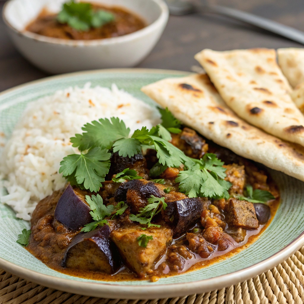 Plate of served Indian eggplant curry garnished with cilantro and accompanied by rice or bread