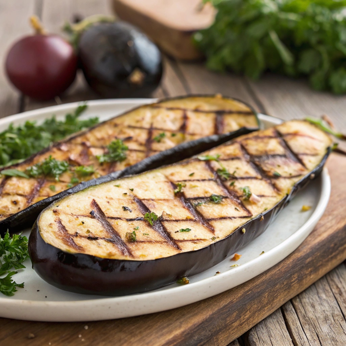 Slice of grilled eggplant with char marks and smoky flavor on a grill
