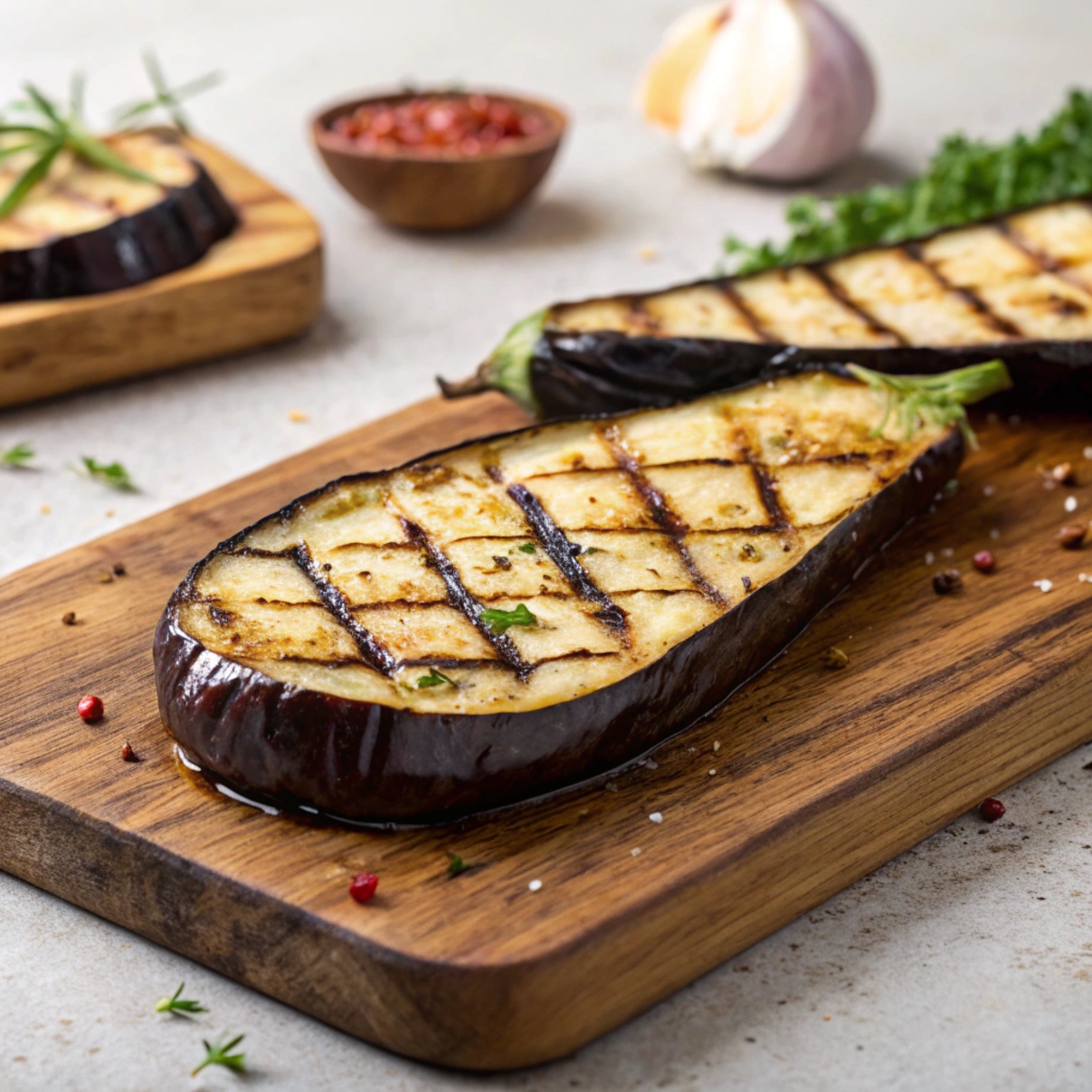 Slice of grilled eggplant with char marks and smoky flavor on a grill