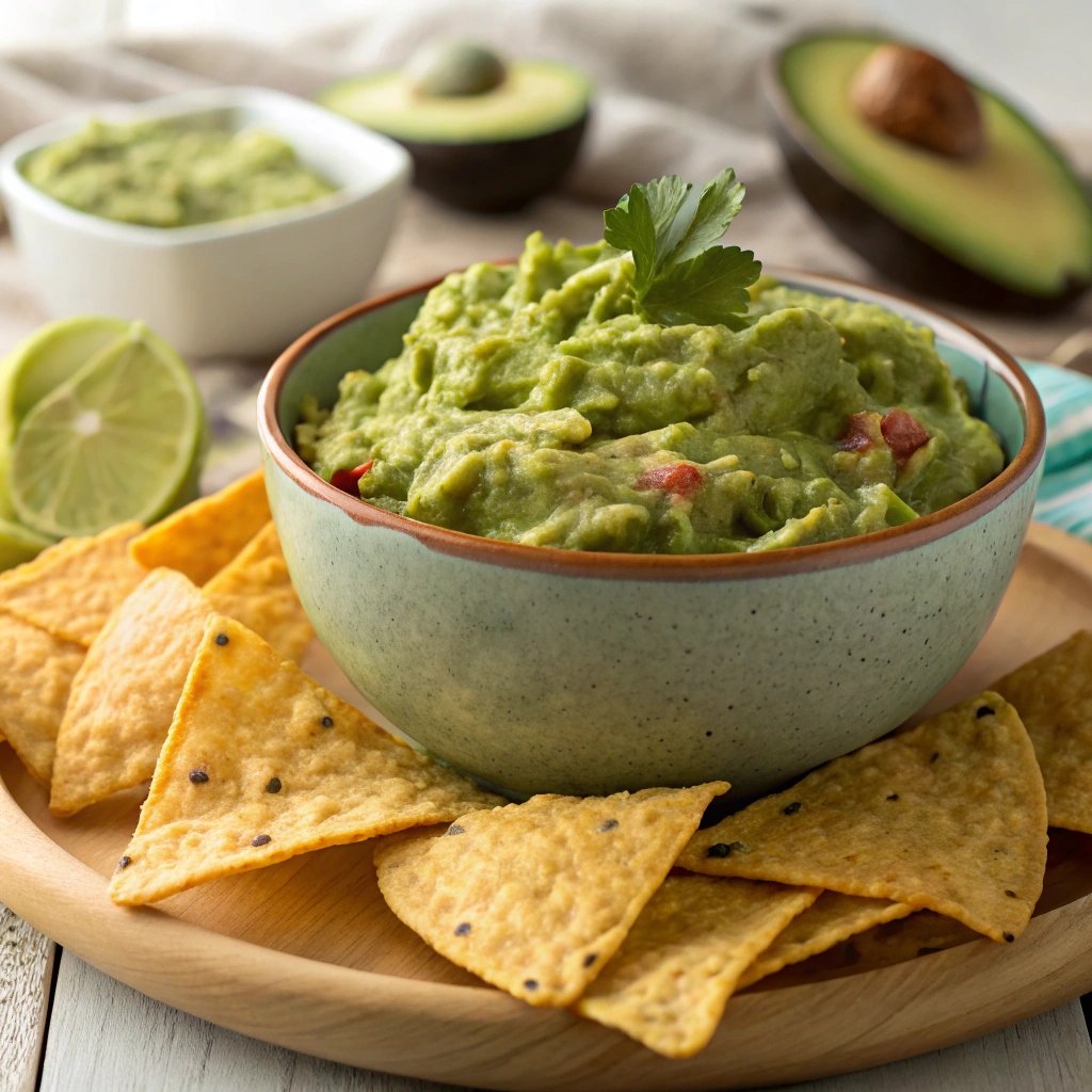 Bowl of fresh guacamole with tortilla chips for dipping.easy appetizers