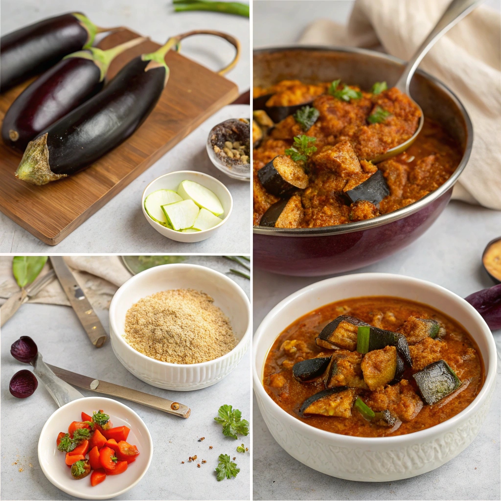 Step-by-step process of sautéing onions, spices, and cooking eggplant for Indian eggplant curry