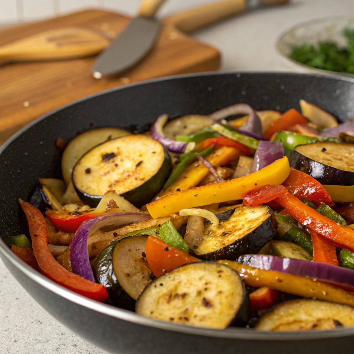 Close-up of stir-fried eggplant, garlic, and vegetables sizzling in a wok or skillet.