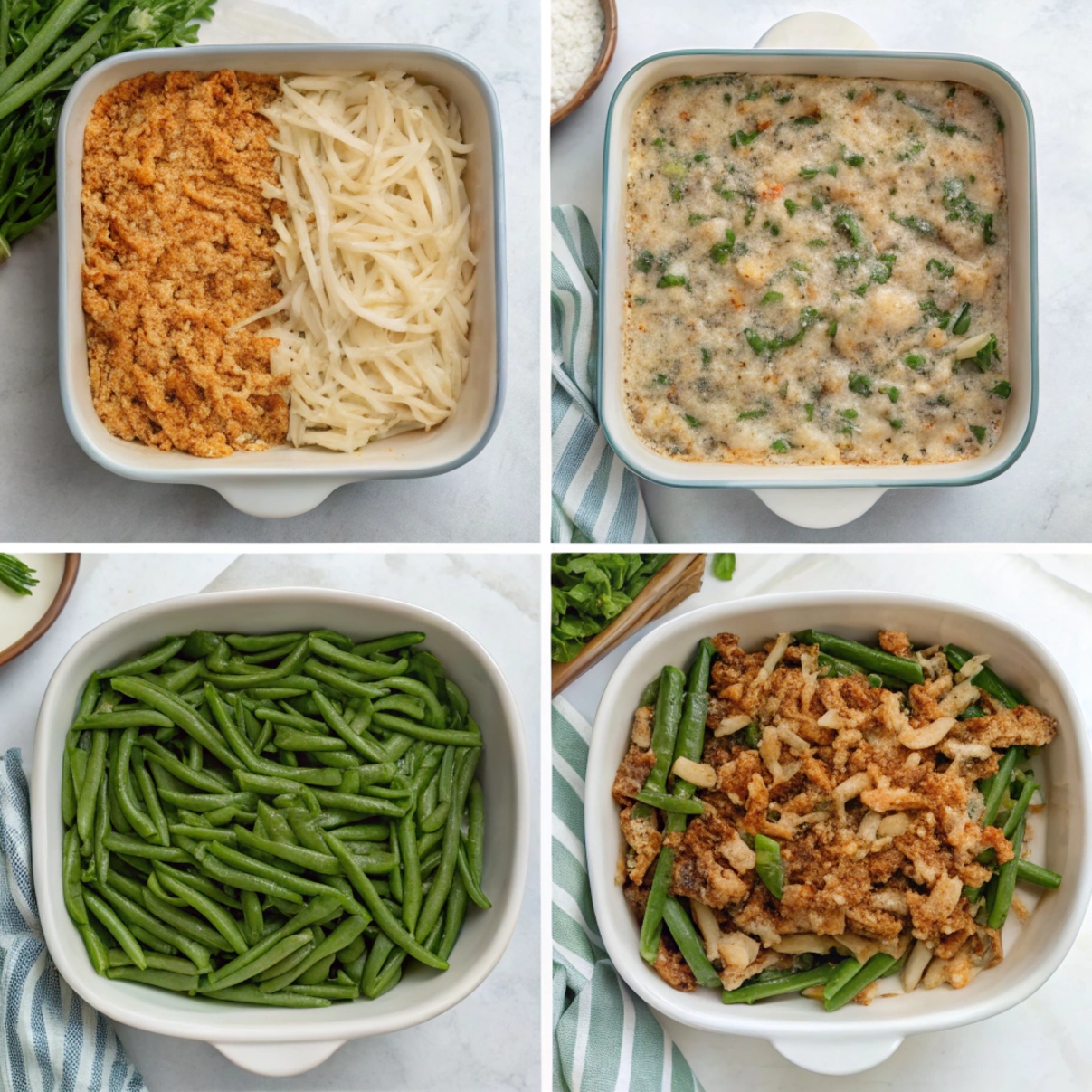 Assorted green bean casserole Recipes with inventive toppings like crunchy breadcrumbs, herbs, and colorful vegetables on a rustic serving platter