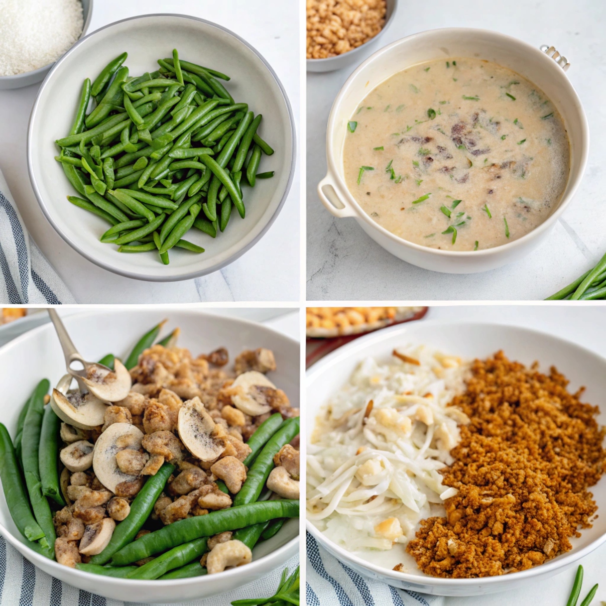 Assorted green bean casserole dishes featuring various toppings and flavors, showcasing creative twists like herbs, cheeses, and spicy elements