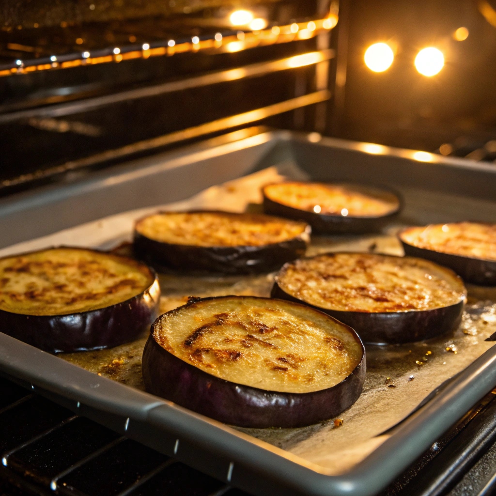 Golden-brown roasted eggplant pieces emerging from the oven with crispy edges.