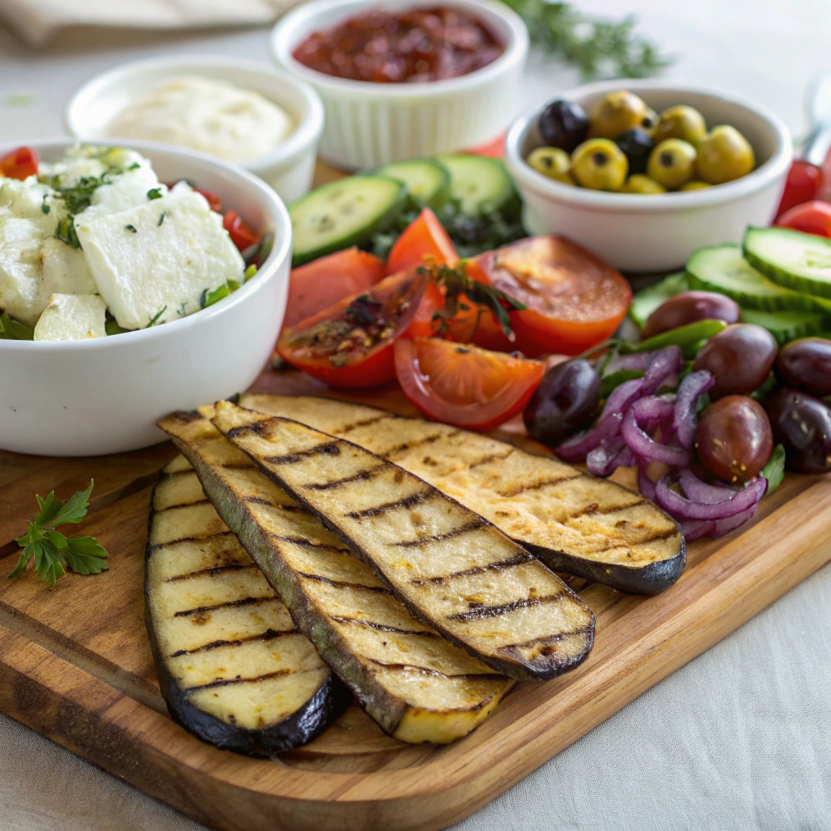 Grilled eggplant slices incorporated into a Mediterranean mezze platter with hummus, olives, and fresh herbs