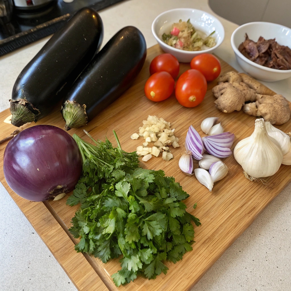 Fresh ingredients for making authentic Baingan Bharta, including roasted eggplants, onions, tomatoes, green chilies, and spices