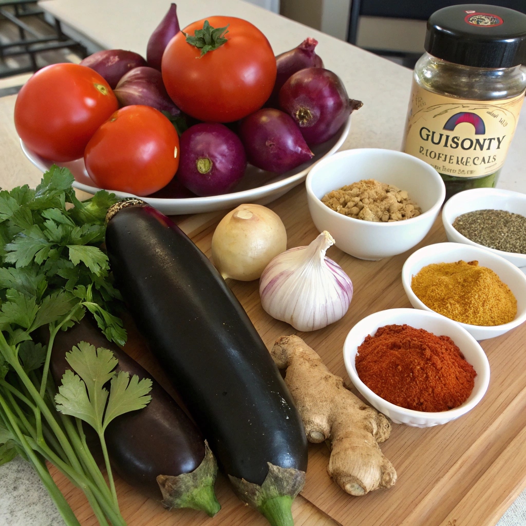 Assorted key ingredients for Indian eggplant curry including eggplants, spices, onions, and tomatoes