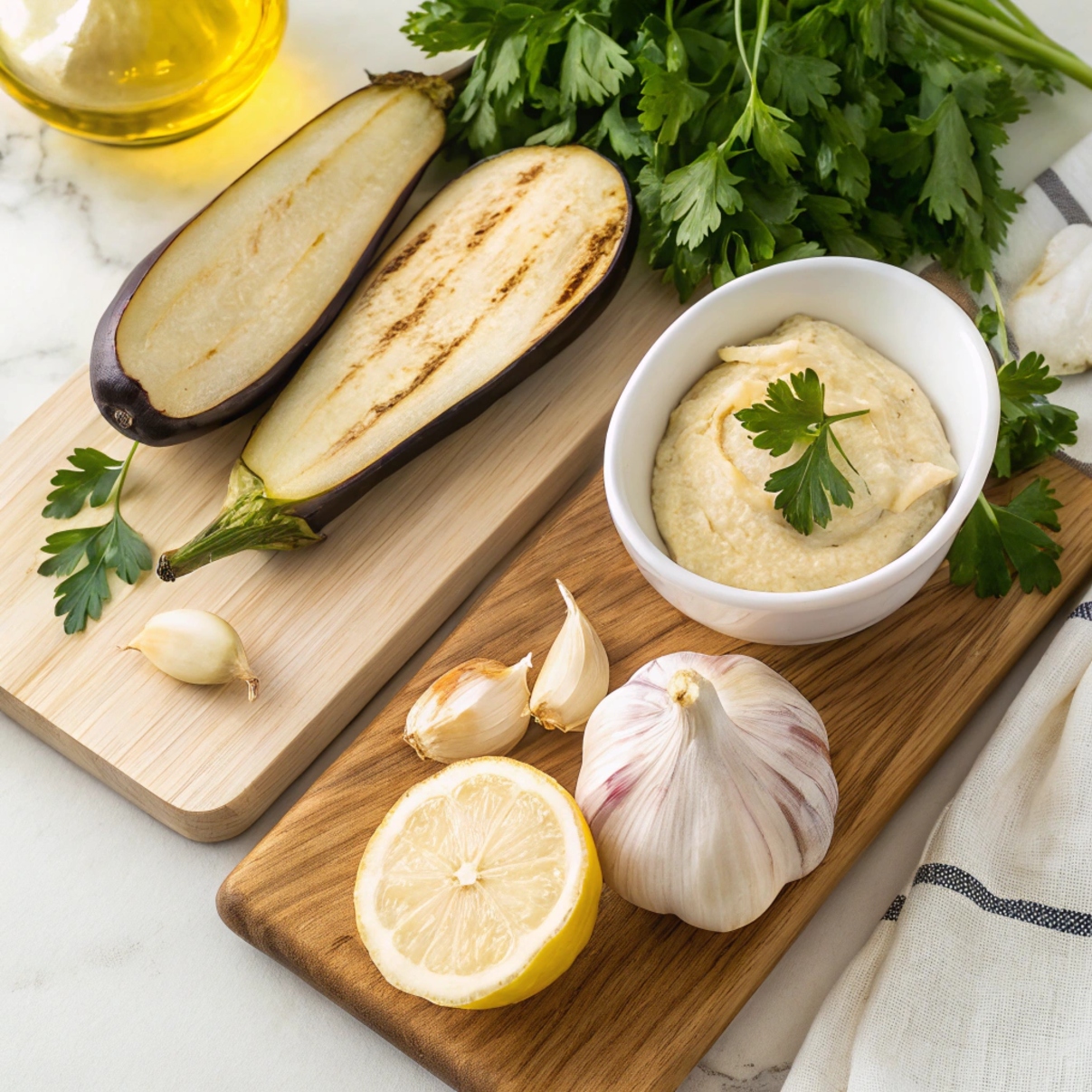 Fresh ingredients for Baba Ganoush Recipe including roasted eggplants, tahini, garlic, lemon, and olive oil arranged on a table