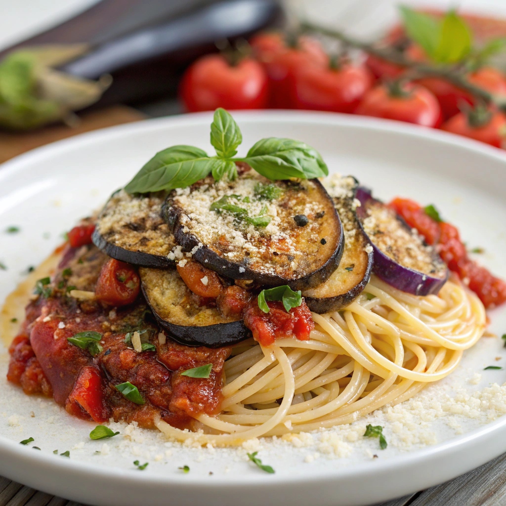 A plate of spaghetti topped with roasted eggplant slices, marinara sauce, grated Parmesan, and fresh basil, garnished with herbs.