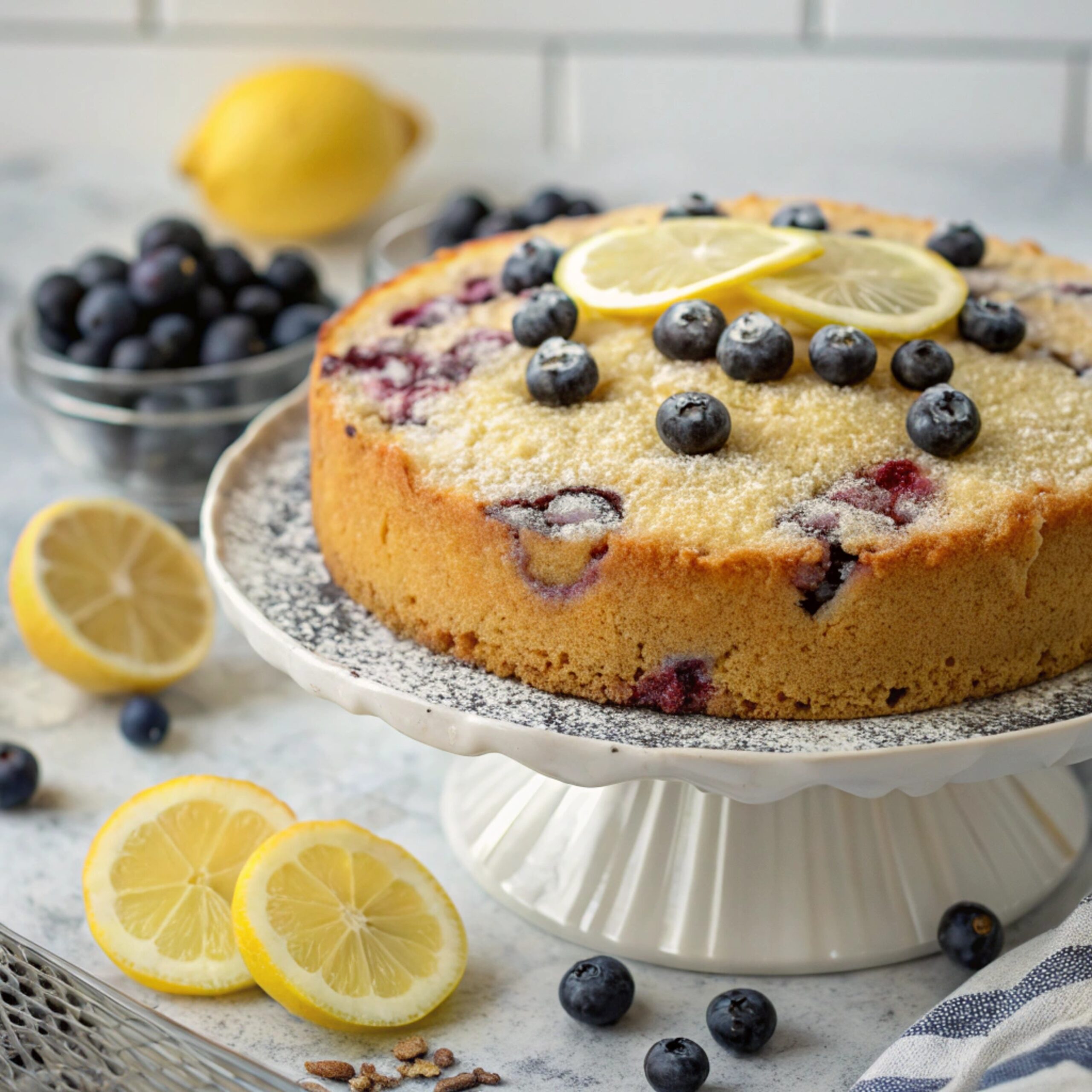 A beautifully plated slice of Lemon Blueberry Almond Flour Cake garnished with fresh blueberries and lemon zest