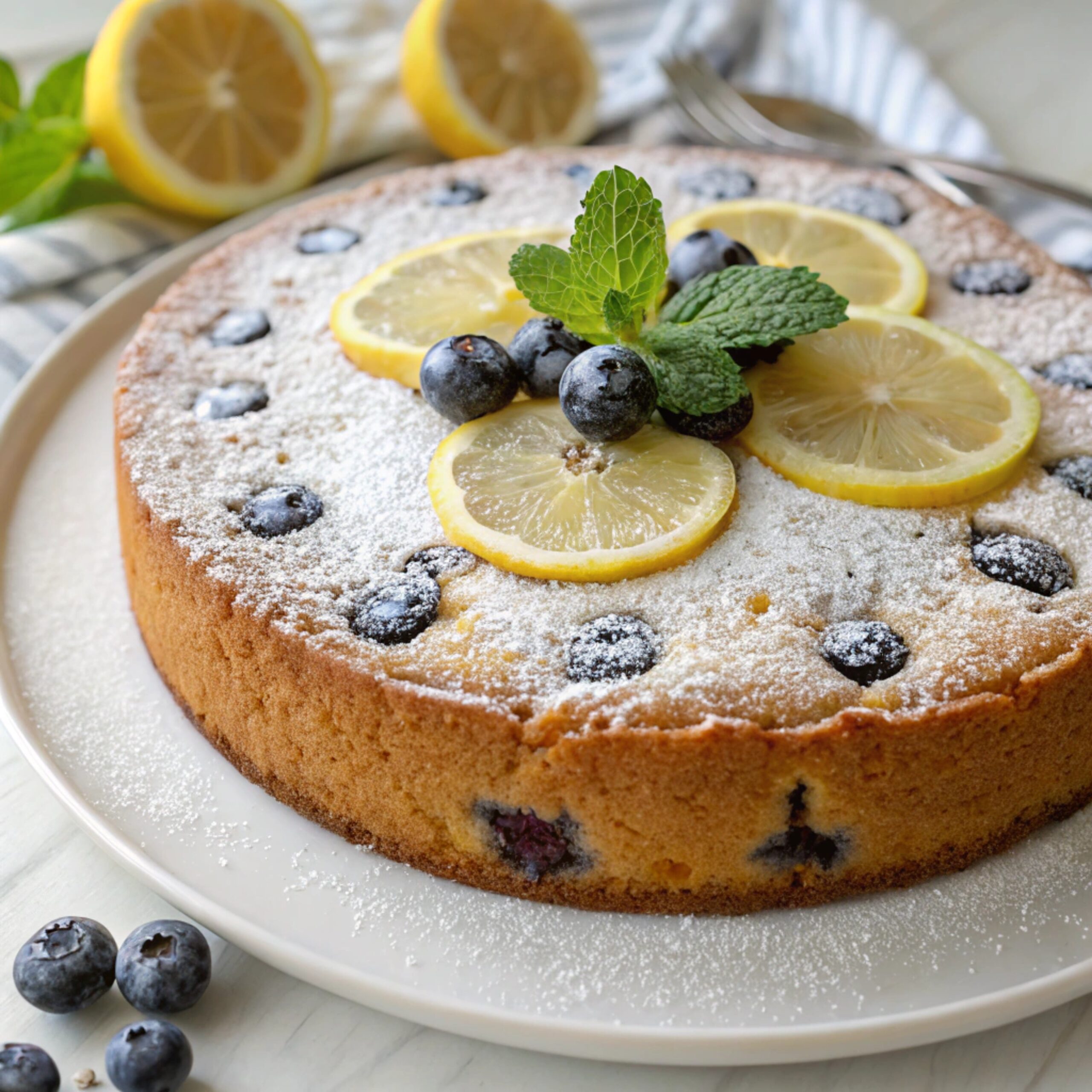 Fresh Lemon Blueberry Almond Flour Cake topped with blueberries and lemon zest, showcasing a vibrant, gluten-free dessert