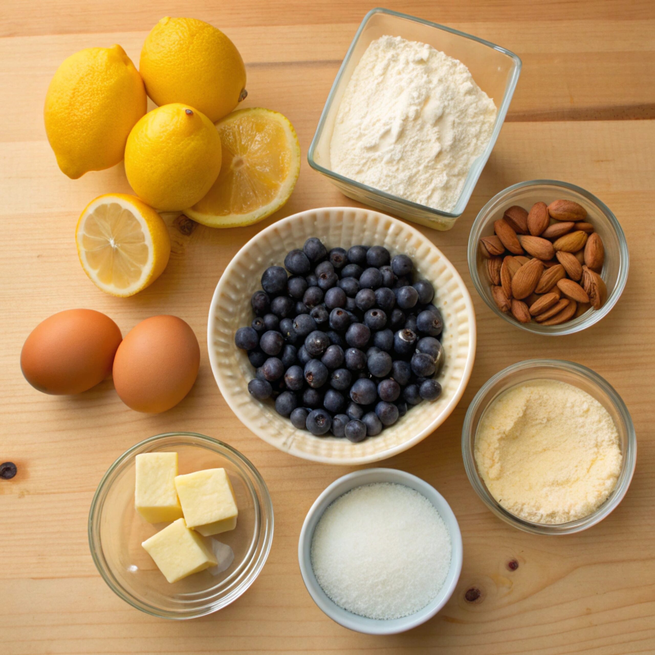 Key ingredients for Lemon Blueberry Almond Flour Cake including almond flour, blueberries, eggs, lemon, honey, and vanilla extract