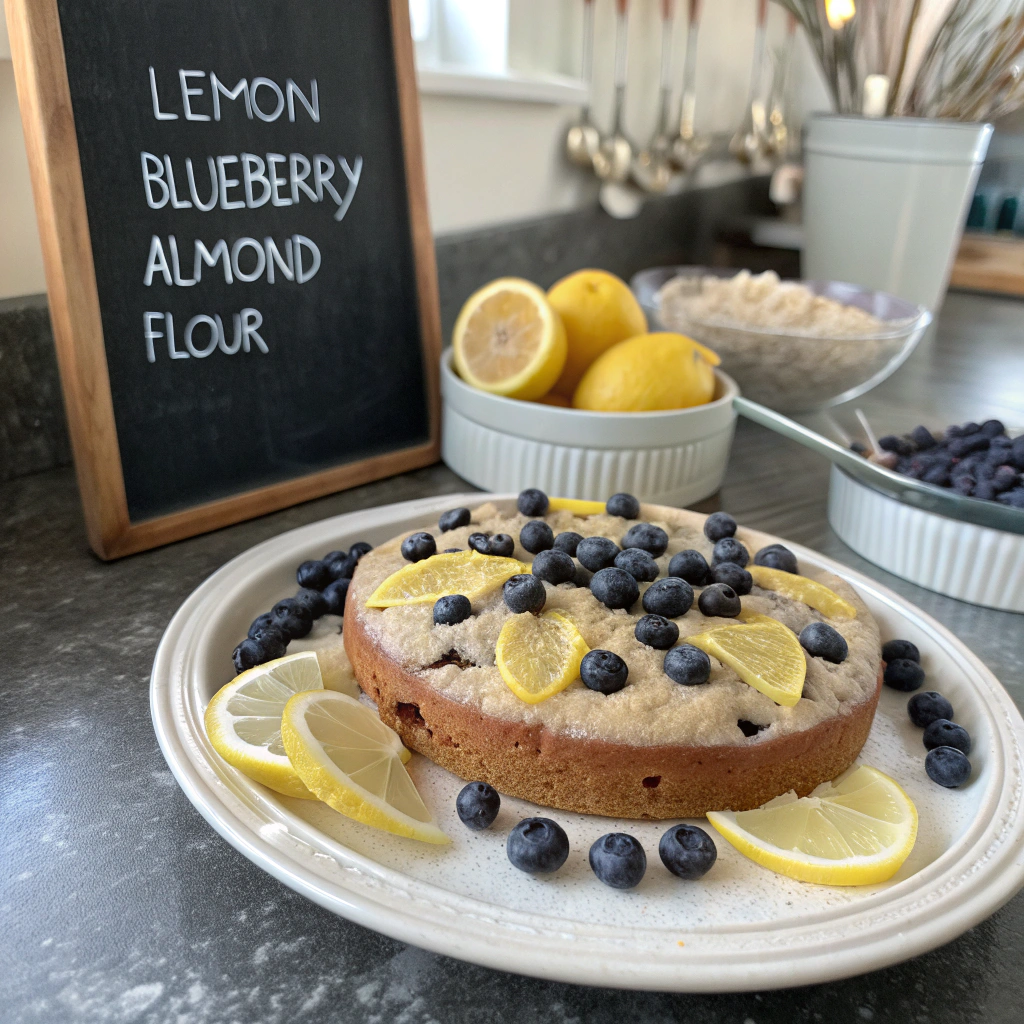 Enjoying Lemon Blueberry Almond Flour Cake with a cup of tea, garnished with fresh blueberries and lemon slices
